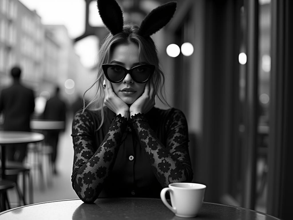 Monochrome Cafe Portrait with Bunny Ears