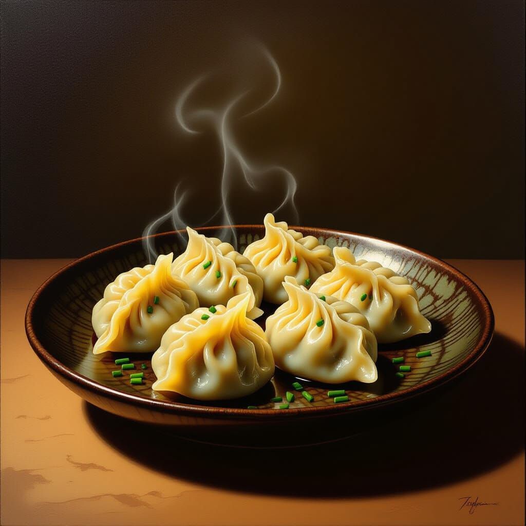 Hyperrealistic Oil Painting of Golden Fried Dumplings