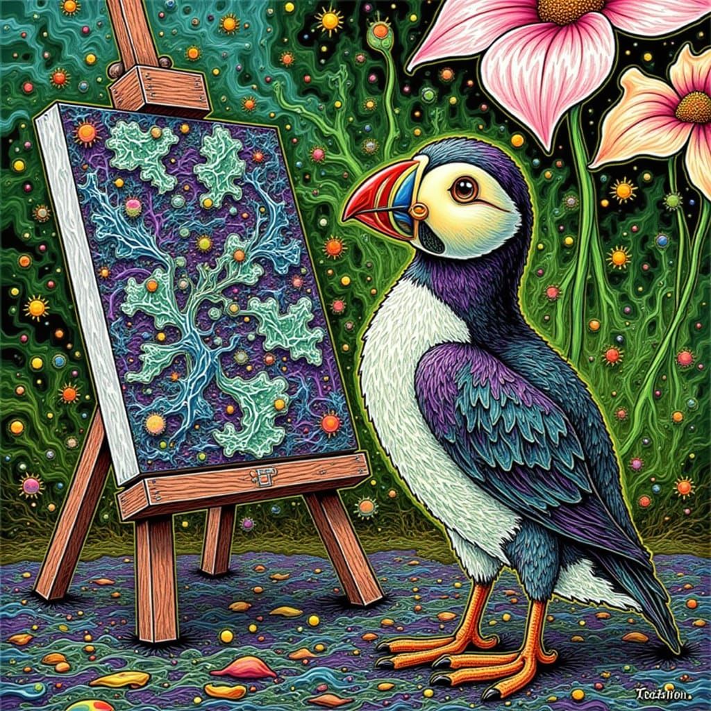 Psychedelic Puffin Painting at Easel