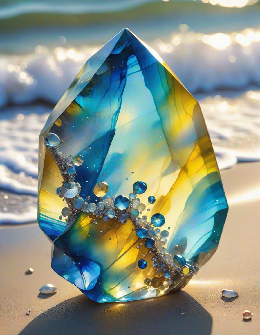 Radiant Blue and Yellow Beach Sculpture, Watercolor Art