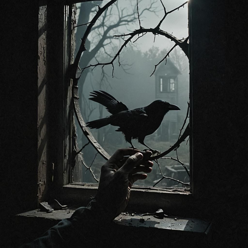 Film Noir Still Life: Cracked Mirror and Crow