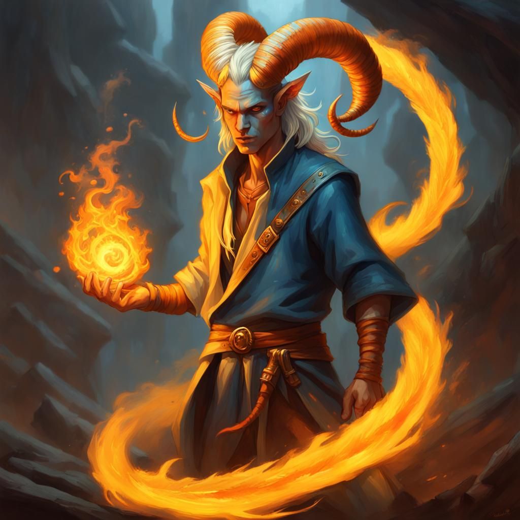 Blue Tiefling Casting Fire Spell, Dark Fantasy Art