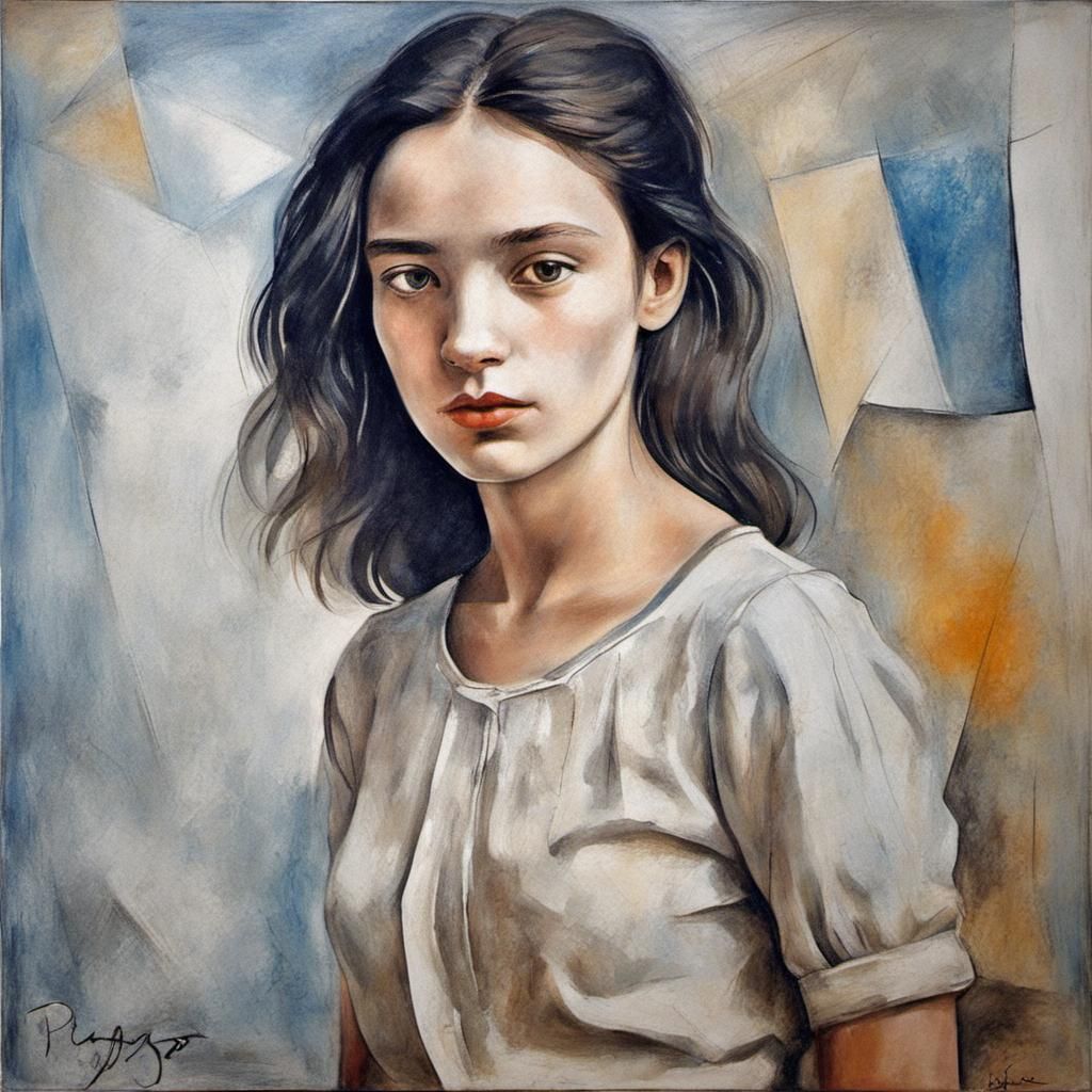 Melancholic Female Portrait in Cubist Style