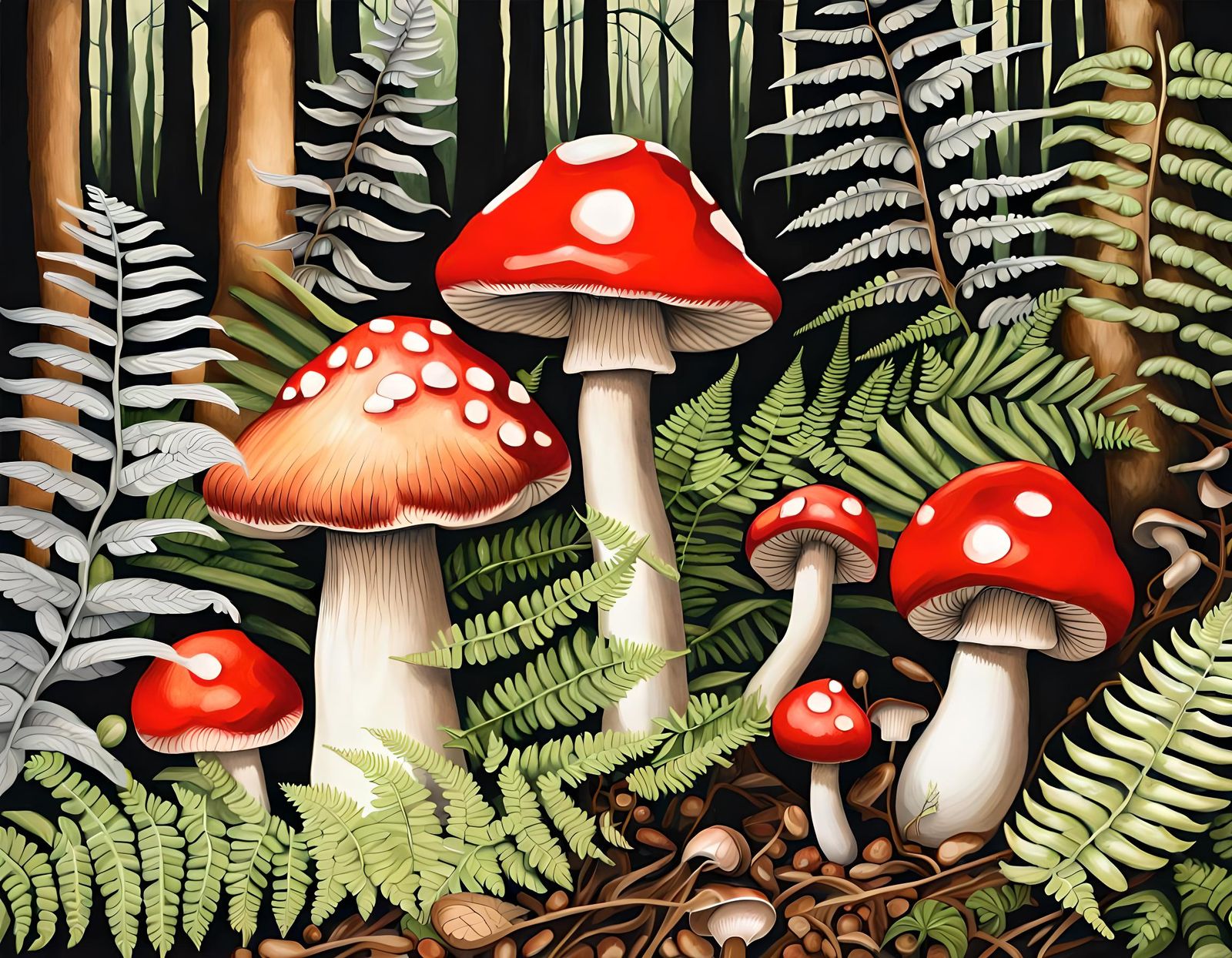 Realistic Forest Toadstools and Ferns in Oil-Guache Style