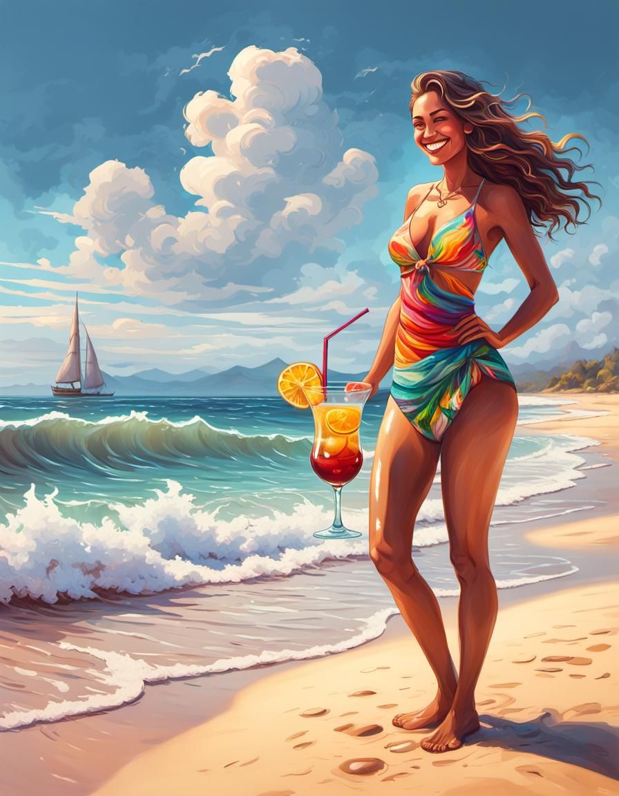 Girl on Beach with Cocktail in Splash Art Style