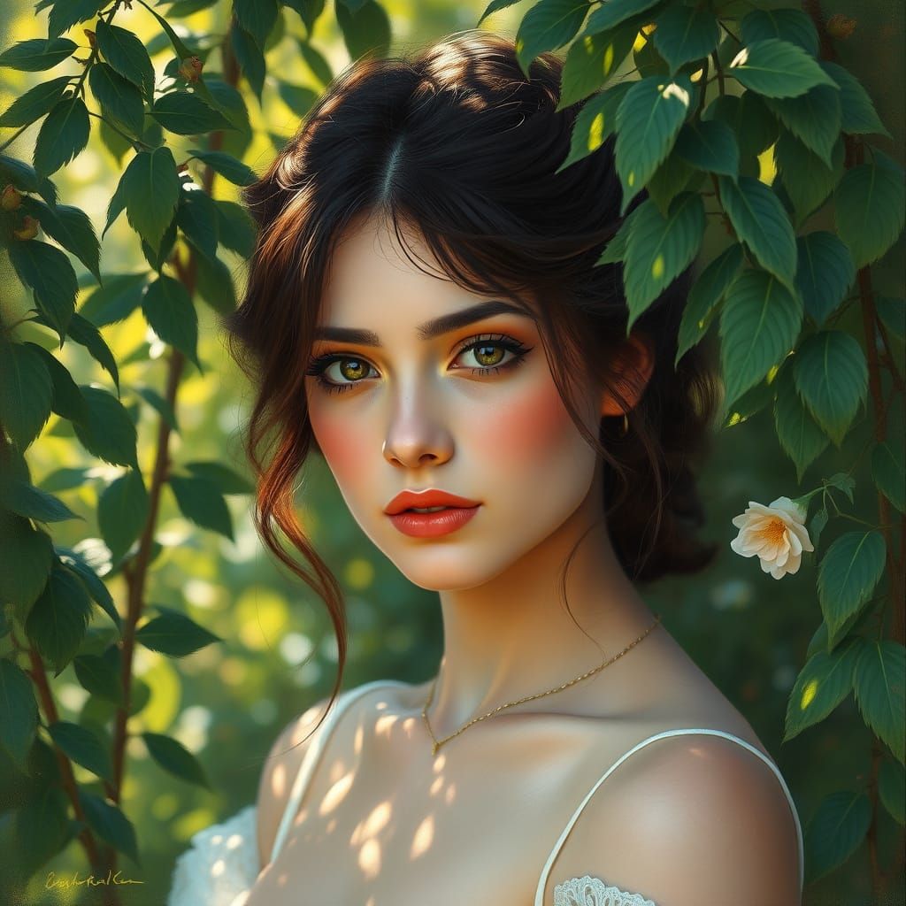 Elegant Woman in Lush Greenery, Impressionist-Inspired Portr...