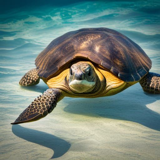 Giant Tortoise Swimming in Ocean with Dolphins