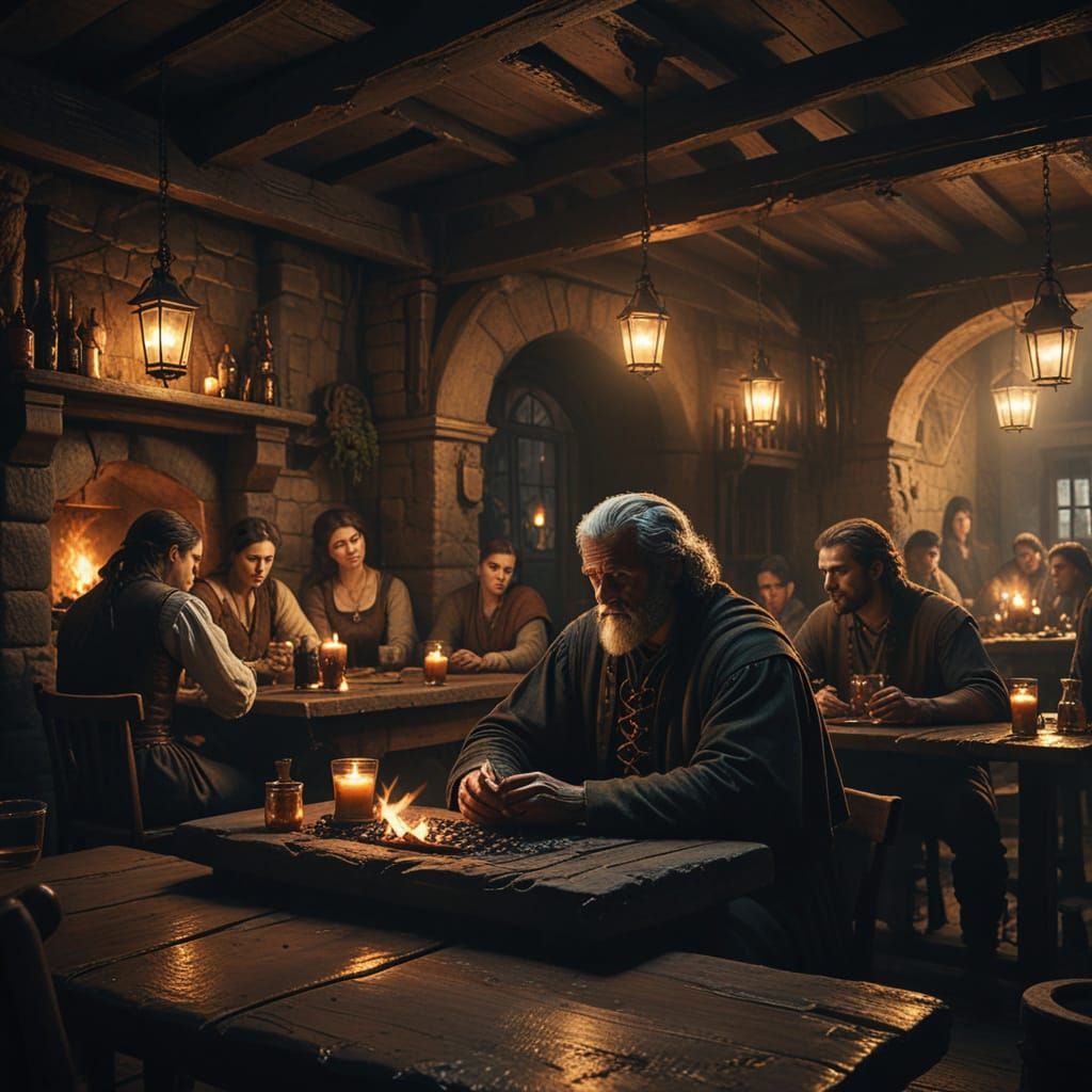 Medieval Tavern Scene in Warm, Golden Light