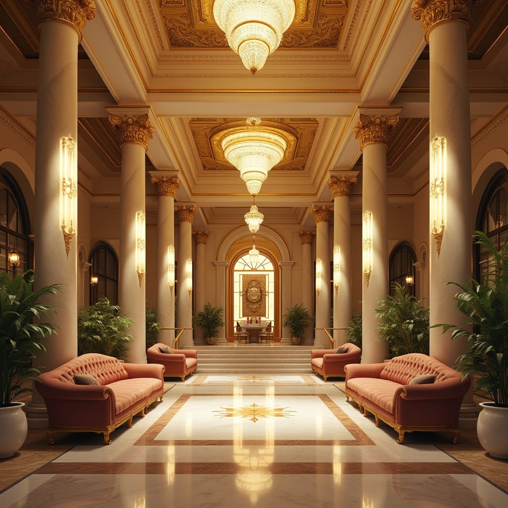 Luxurious Grand Hotel Lobby Inspired by Sci-Fi Artists