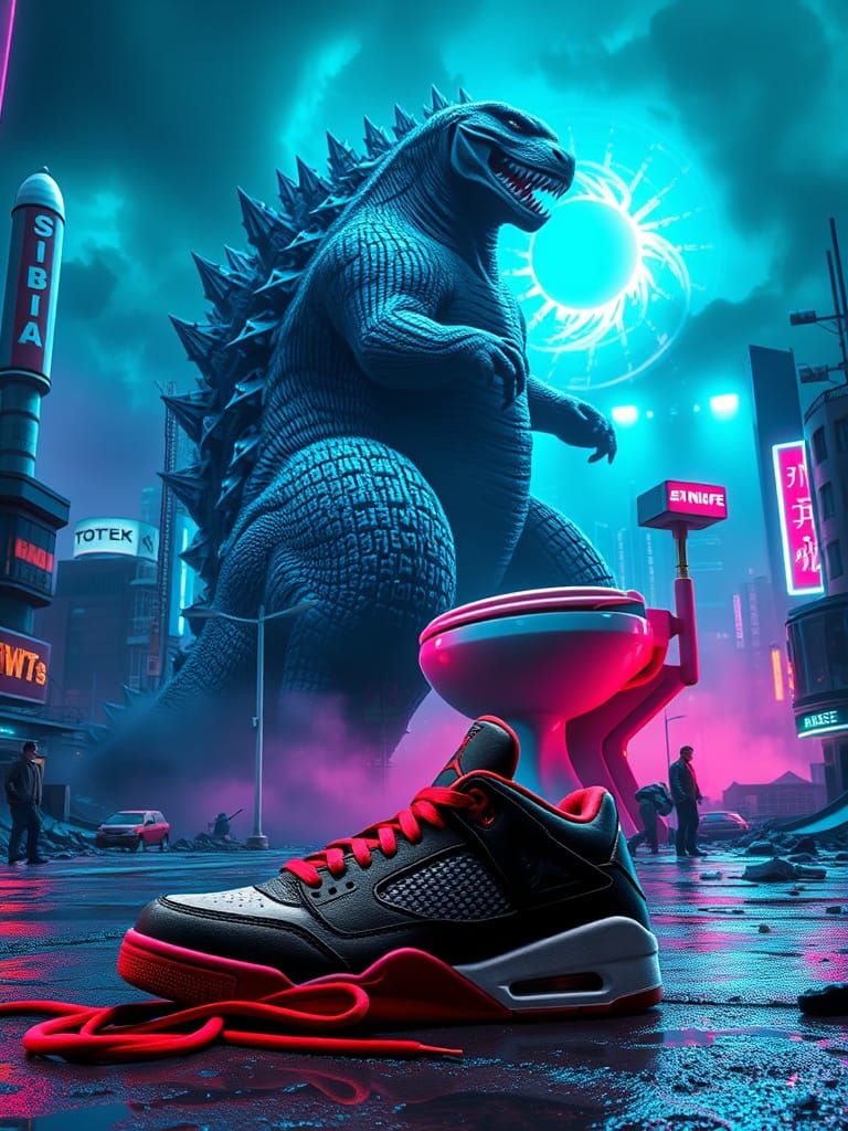 Gigantic Skibidi Toilet Battles Godzilla in Neon City