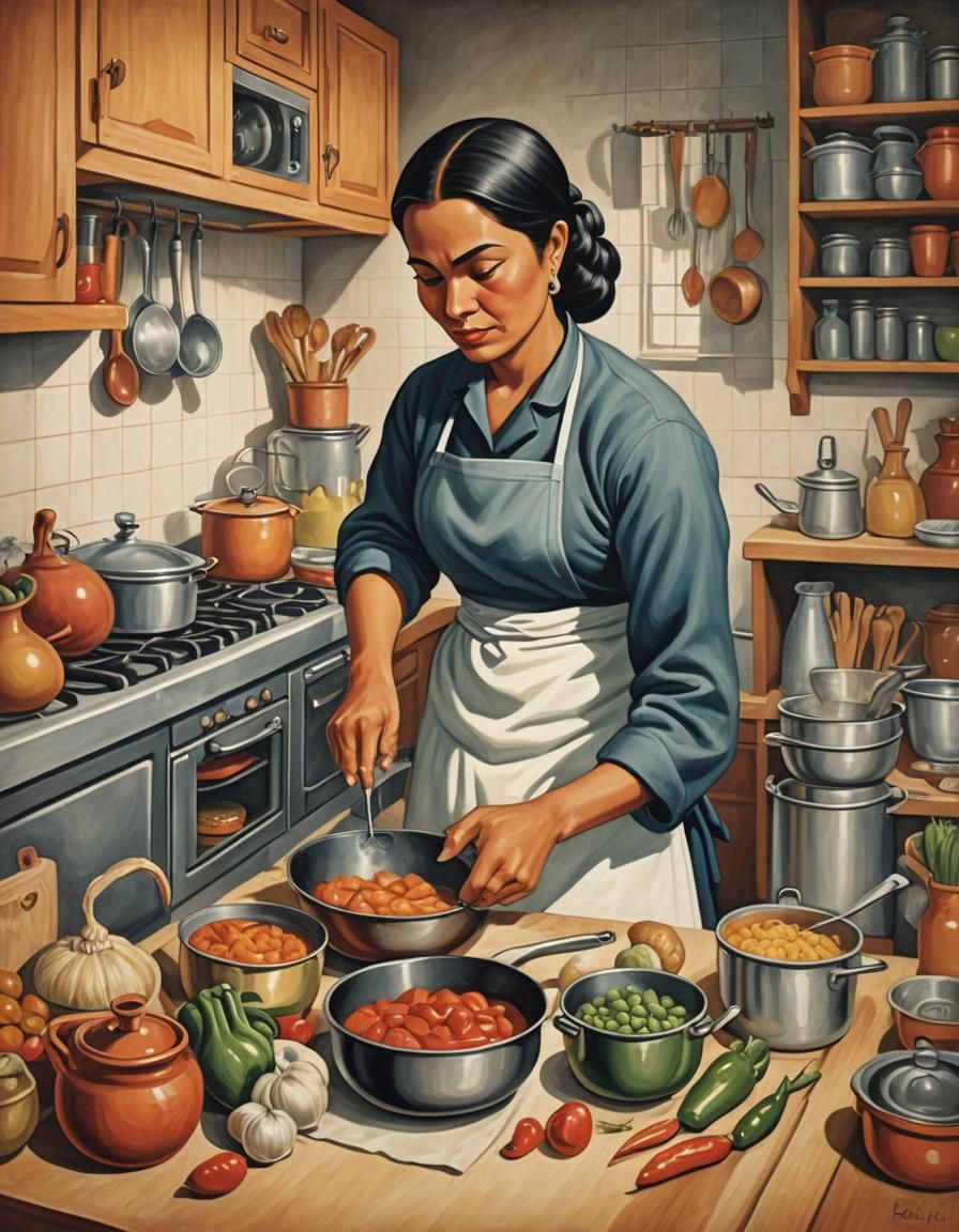 Woman Cooking, Miguel Covarrubias Style Illustration
