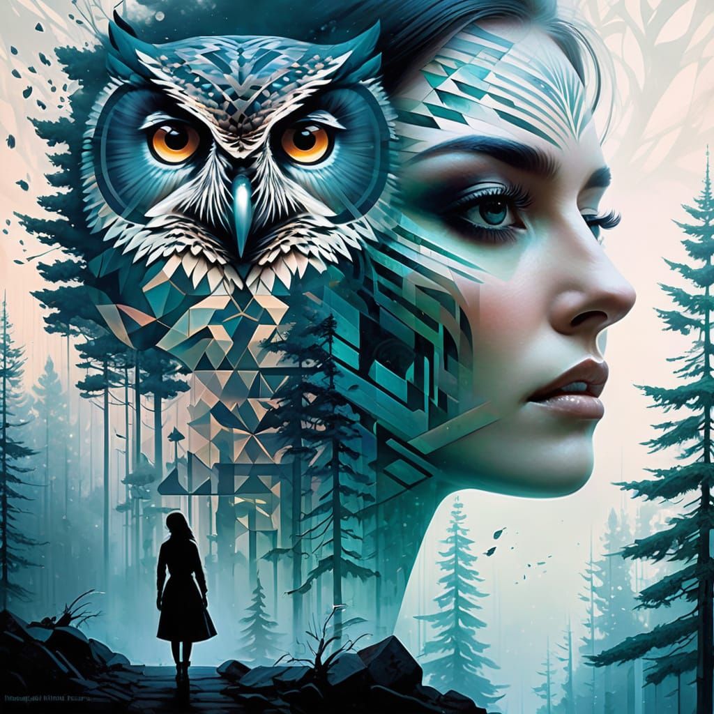 Tattoo Illustration: Owl Head Merging with Forest Scene