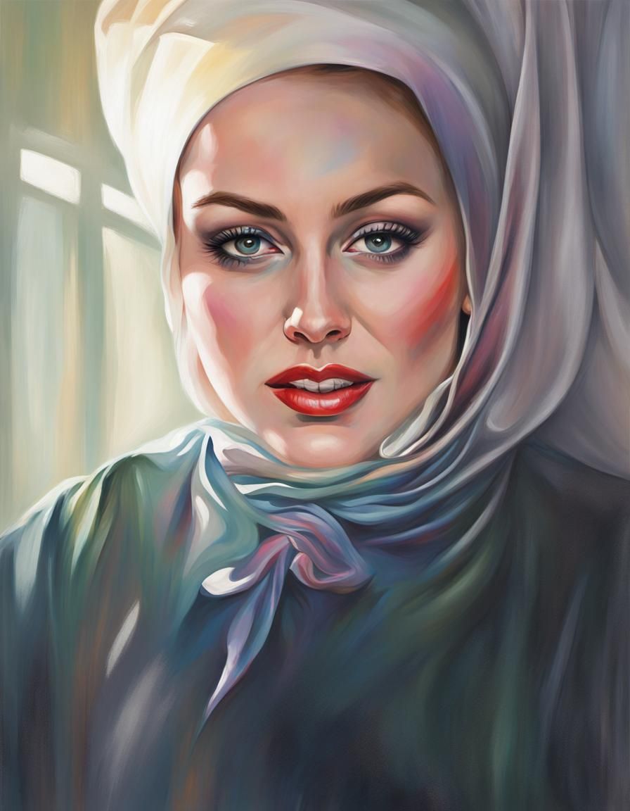 Women Modest Grimdark Realistic Artistic vivid Modest Big Beautiful Women BBW Women wearing Rainbow Satin headscarf, Hig...