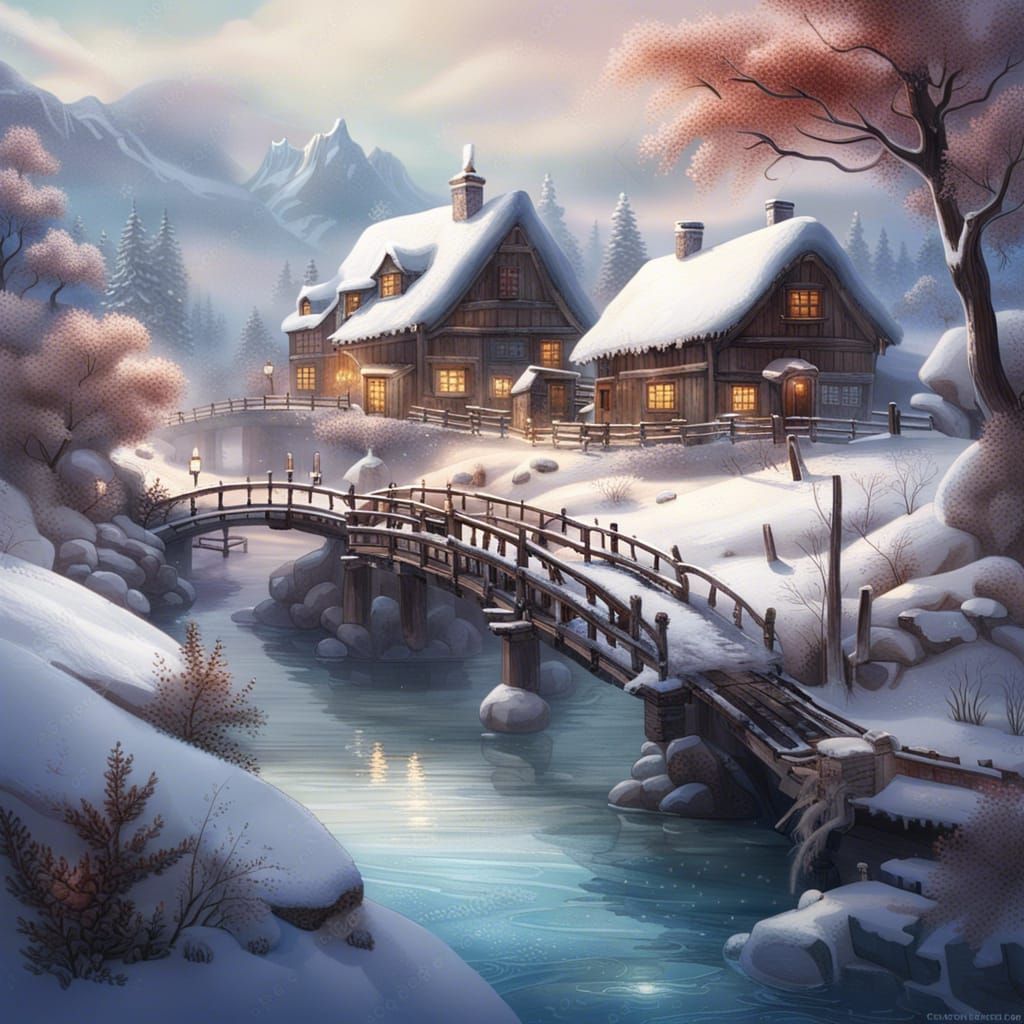 Cozy Winter Village: A Matte Painting in 8K