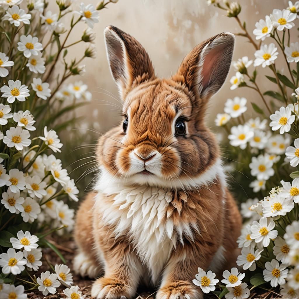 Adorable Baby Bunny Portrait with White Flowers