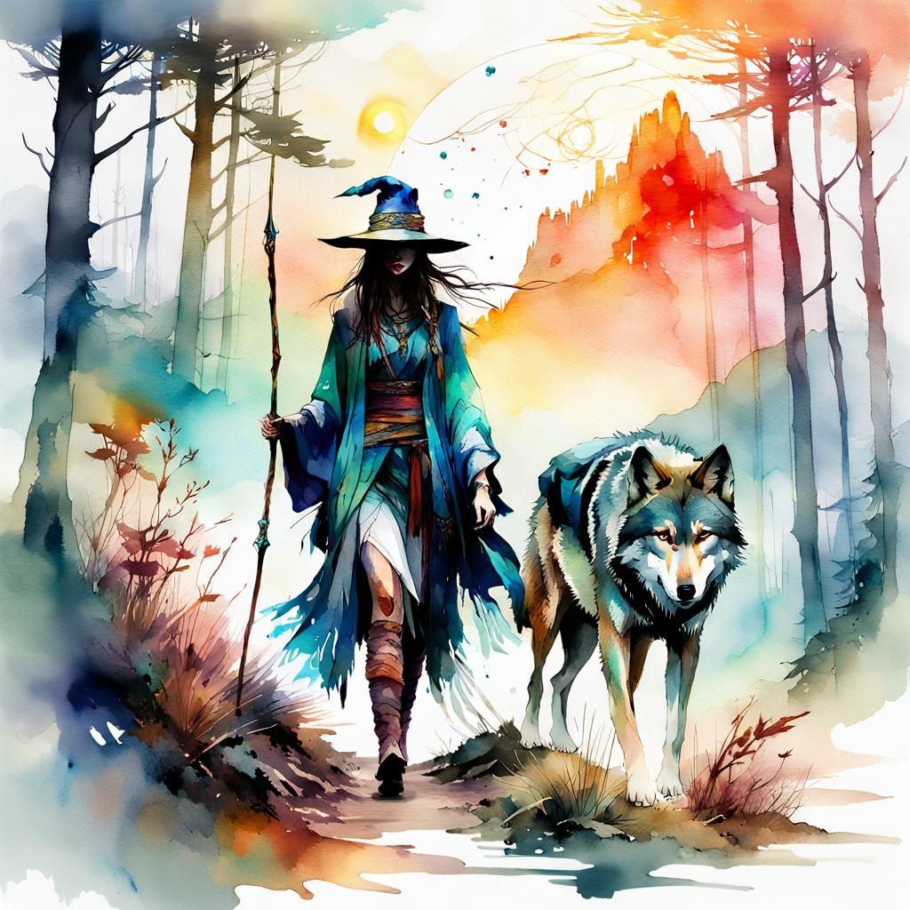Magical Woman with Wolf in Watercolor Forest