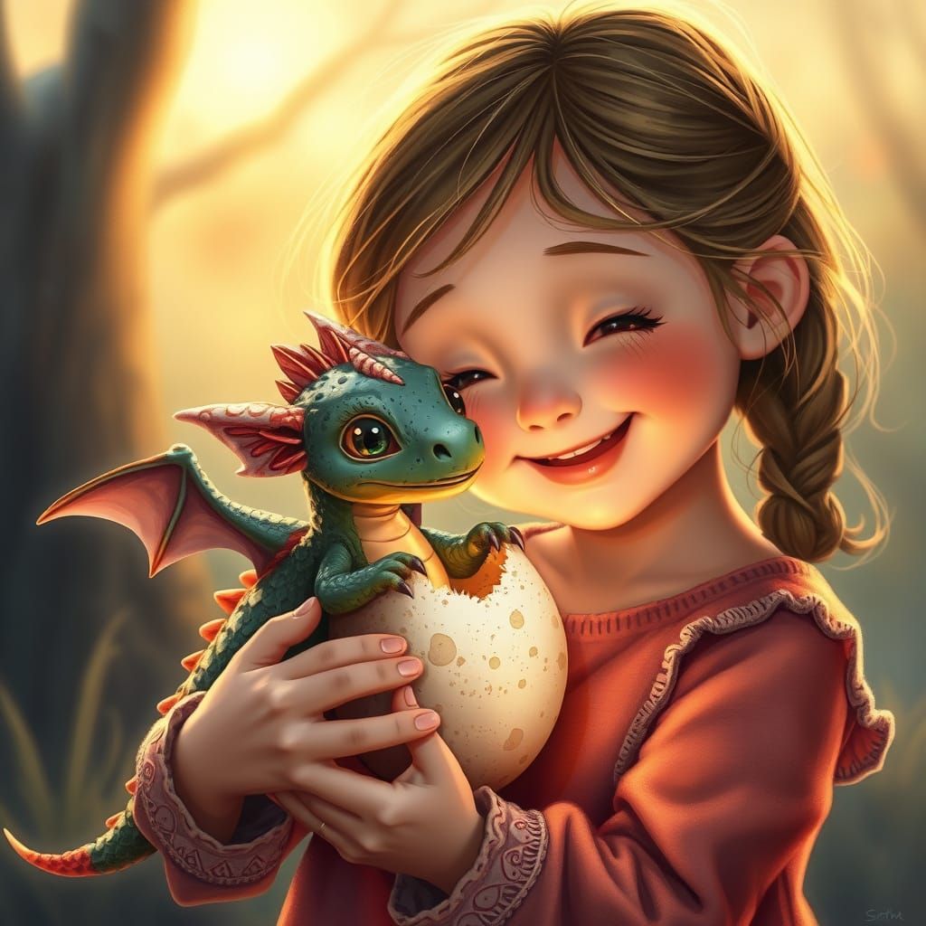 Baby Dragon Hatches For Smiling Girl in Golden Hour