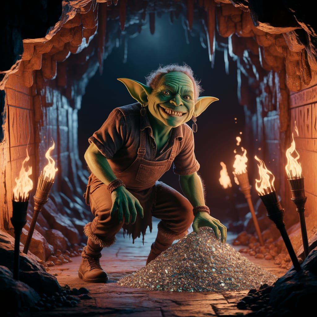 Goblin Miner Gleams in Gemstone Cavern