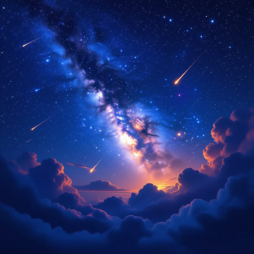 Vibrant Nebulas and Shooting Stars in Night Sky