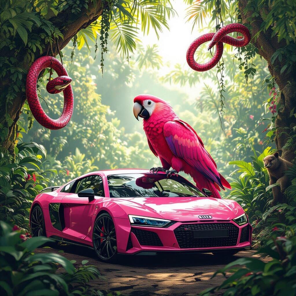 Pink Parrot on Audi R8 with Cobra in Jungle