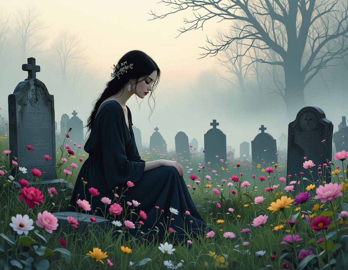 Serene Woman in Graveyard, Art of James Jean