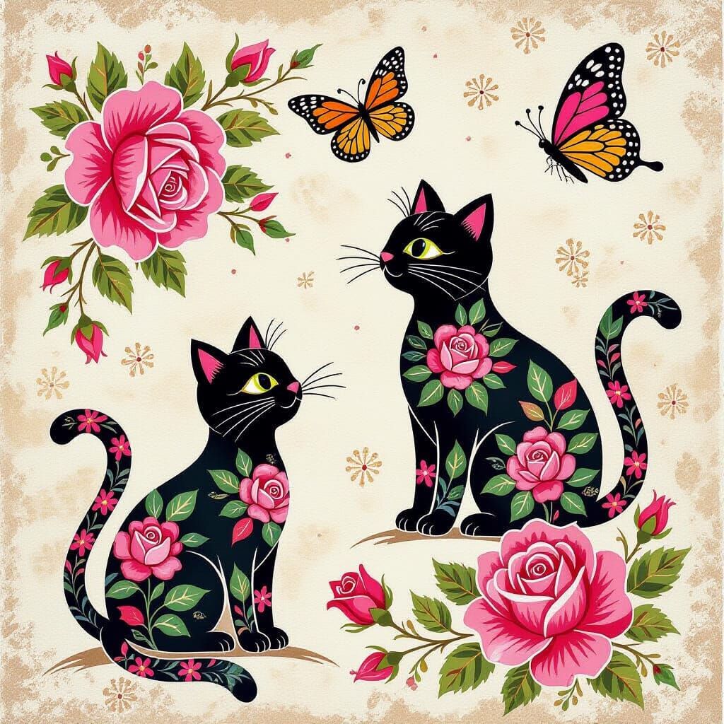 Batik Painting of Cats, Roses, and Butterflies