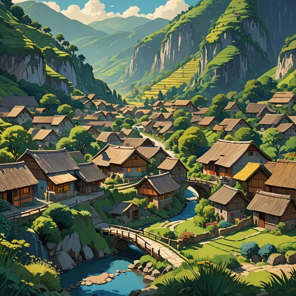 Lush Valley Village in Fauvist Digital Painting