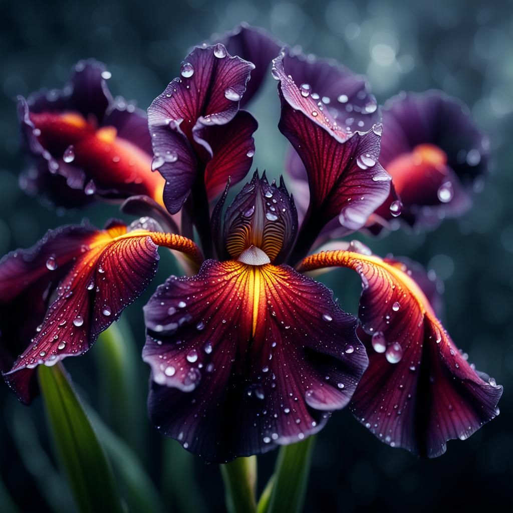 Glowing Dark Red Iris in Foggy Mist