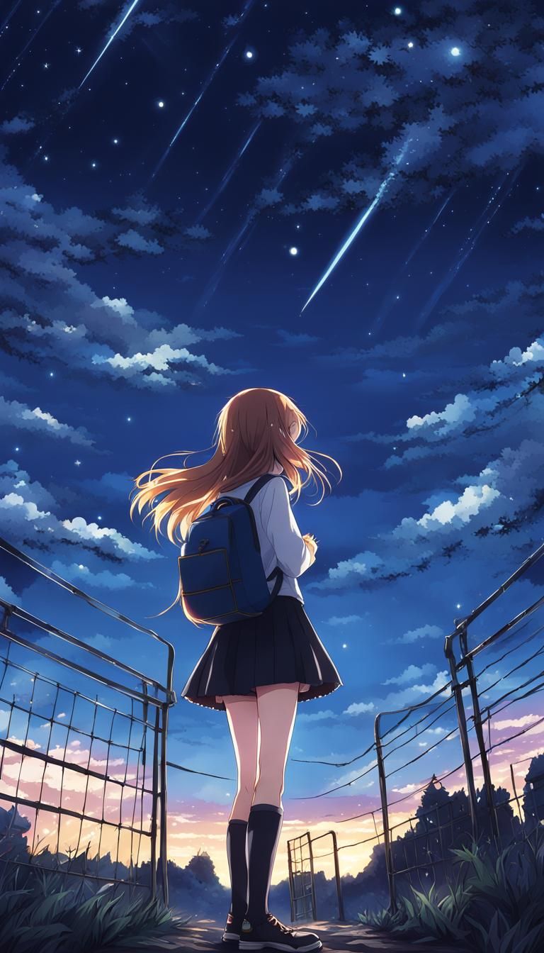Anime Style High School Girl Under Starry Sky