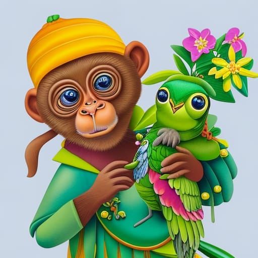 Monkey with Parrot and Gelato, Gouache Style