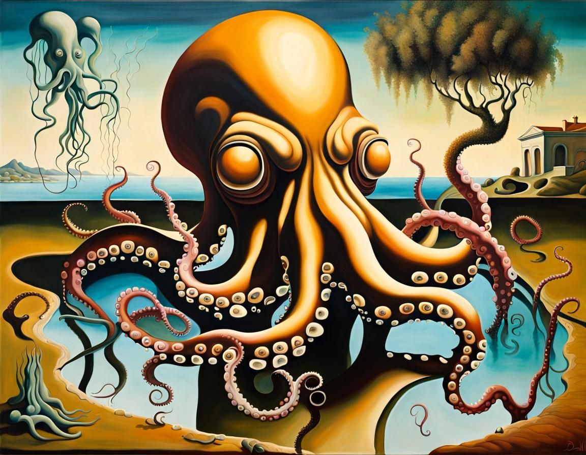 Surreal Octopus Garden in Shade: Dali Style Oil