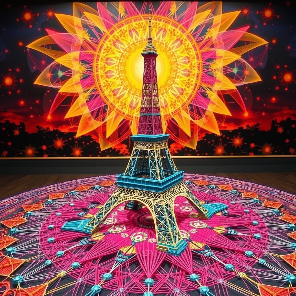 String Art Mandala Of The Eiffel Tower In a Museum