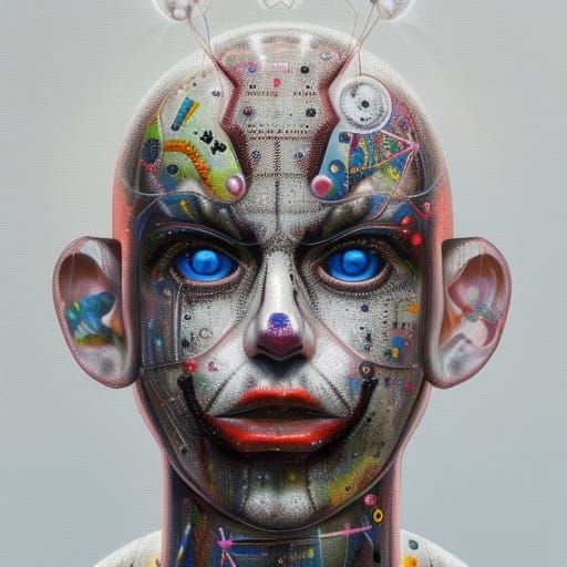 Hyperrealistic Cyborg Clown Portrait in Pastel Tones
