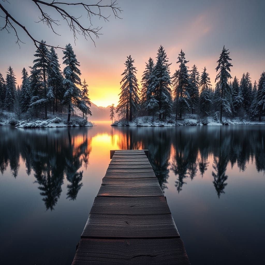 Tranquil Winter Lake Scene at Sunset