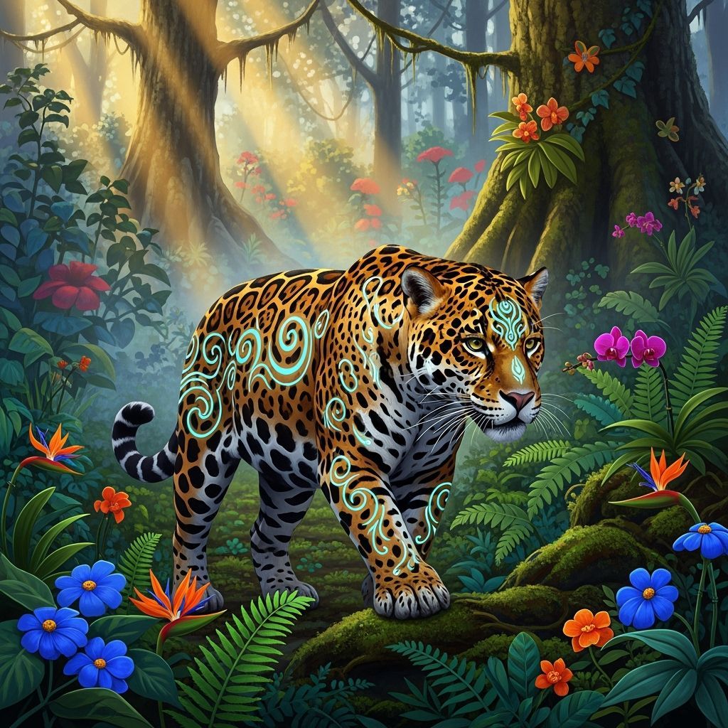 Bioluminescent Jaguar Stalks Through Vibrant Rainforest