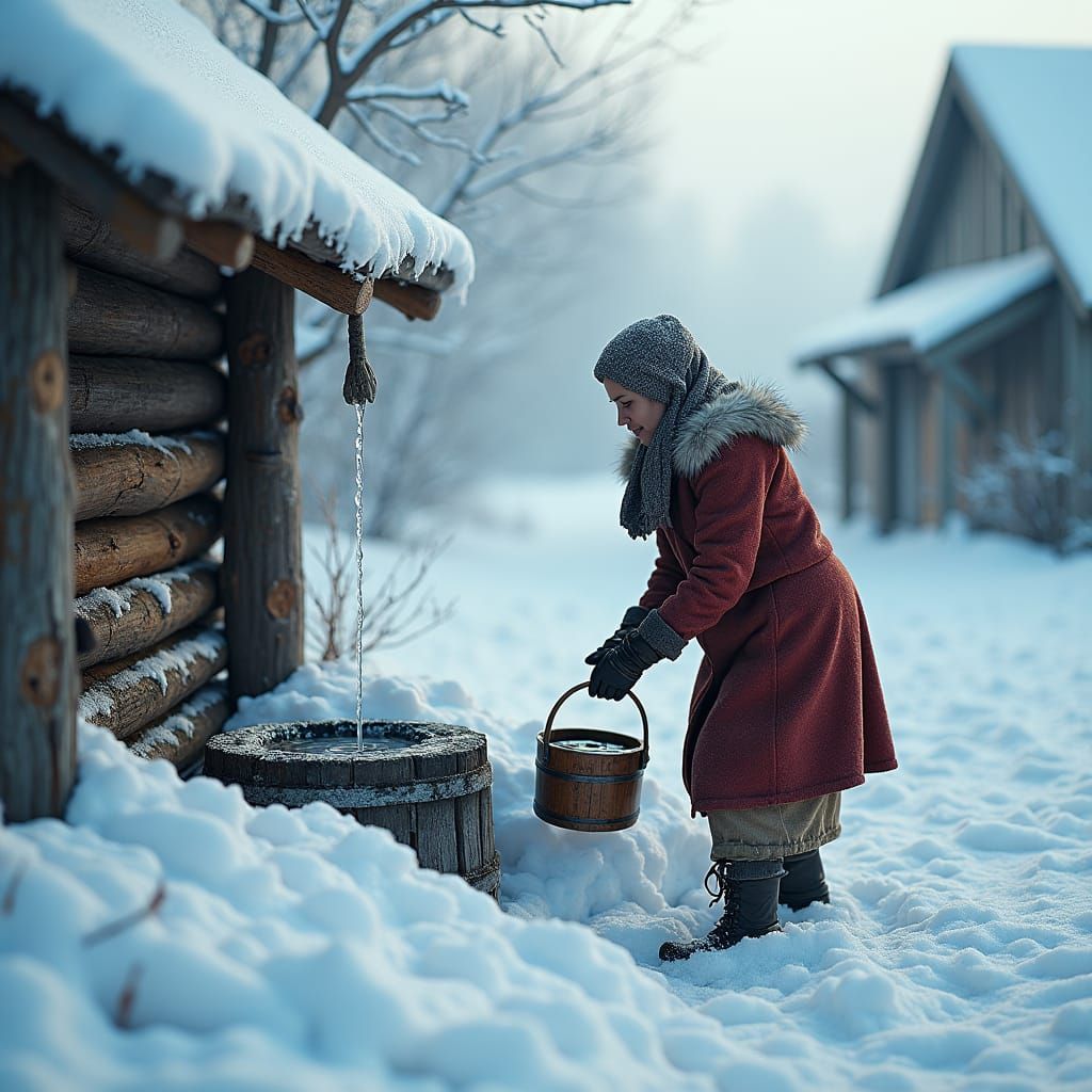 Winter's Embrace: Woman Collecting Water in Snowy Village