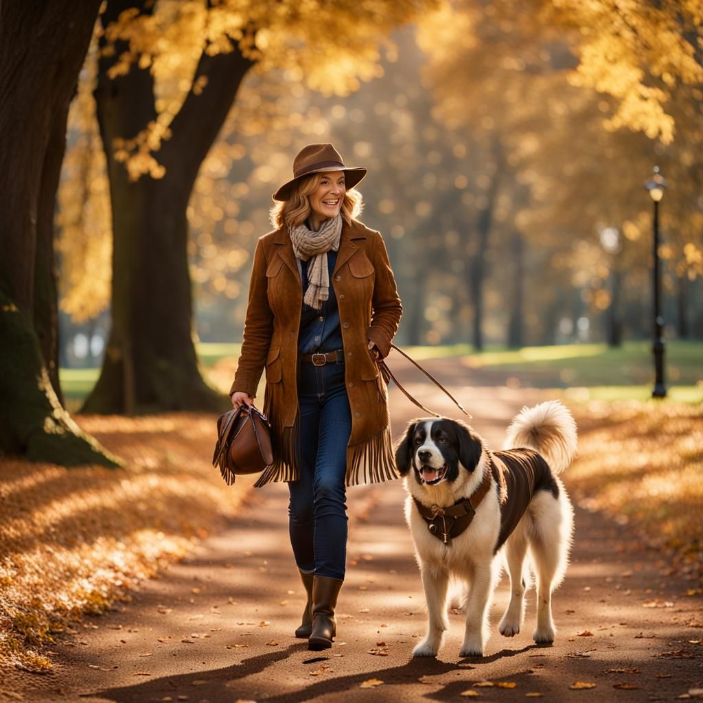 Happy Woman Strolling with Dog in Autumn Park