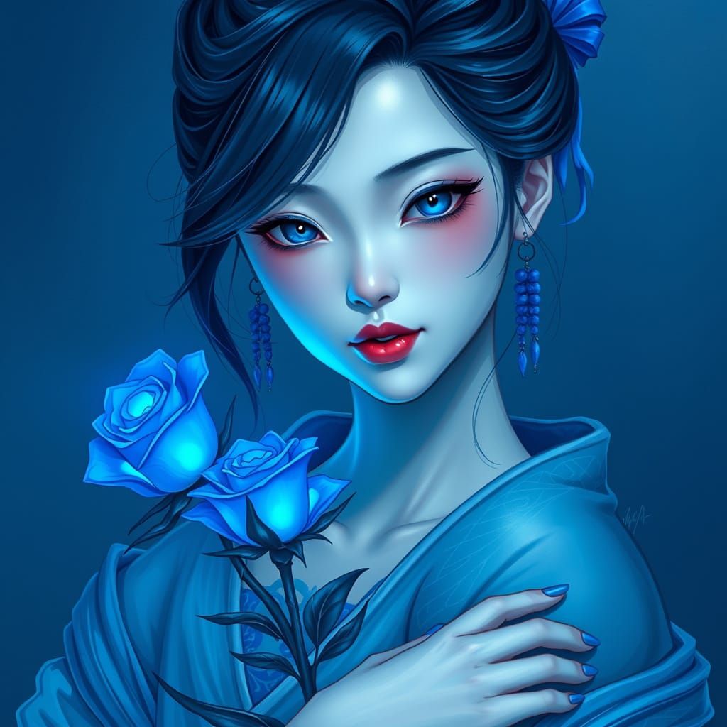 Detailed Digital Painting of Woman Holding Glowing Blue Rose