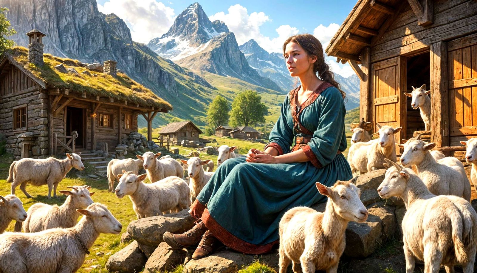 Medieval Shepherdess in Alpine Landscape, Hyperrealistic Sty...