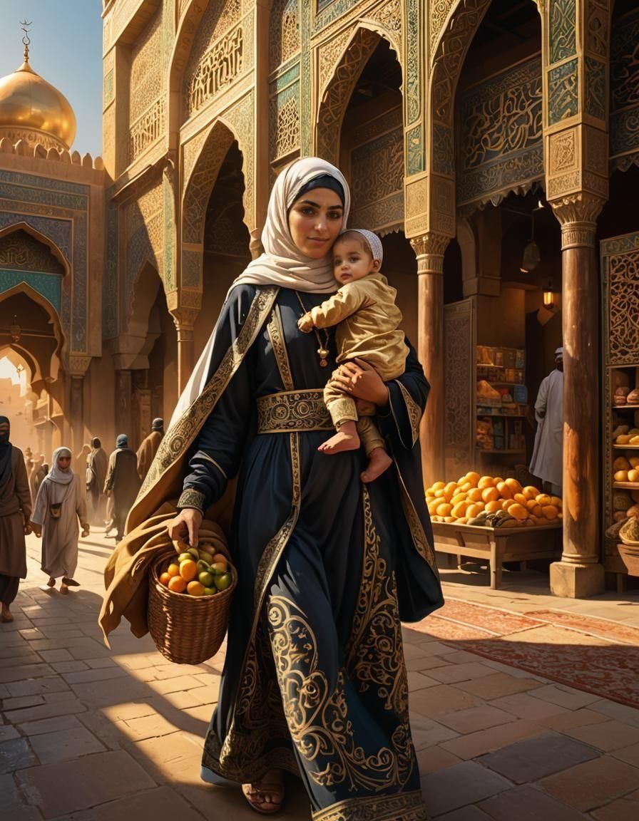 Veiled Woman with Child in Persian Market: Matte Painting