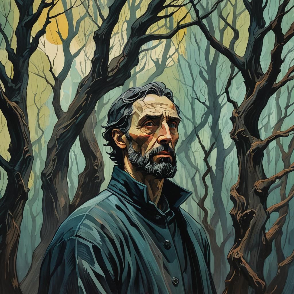 Melancholic Figure in Gouache Style Under Twisted Trees