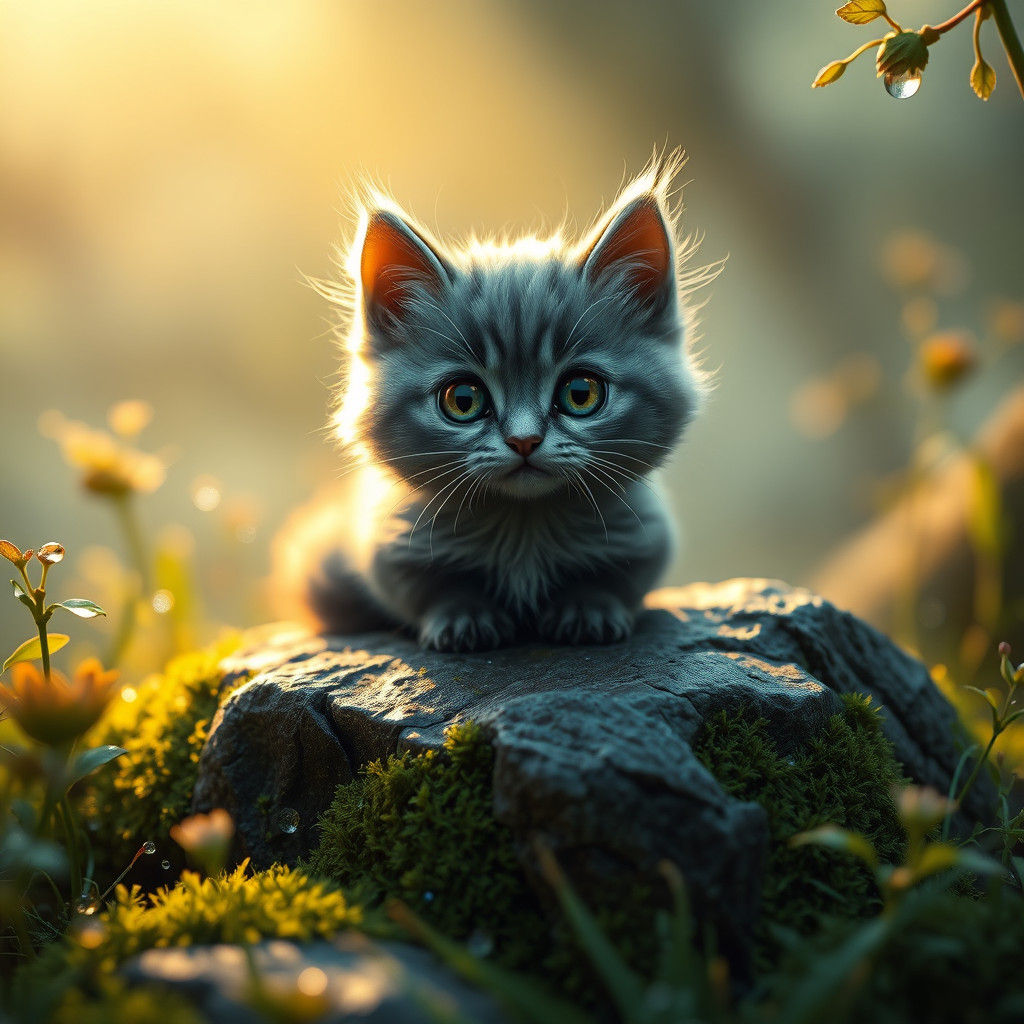 Tiny Cat in Dew-Kissed Forest, Mystical Concept Art