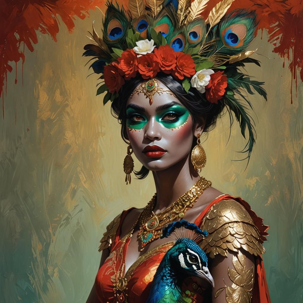 Fantasy Women with Peacock Feathers and Gold Skin
