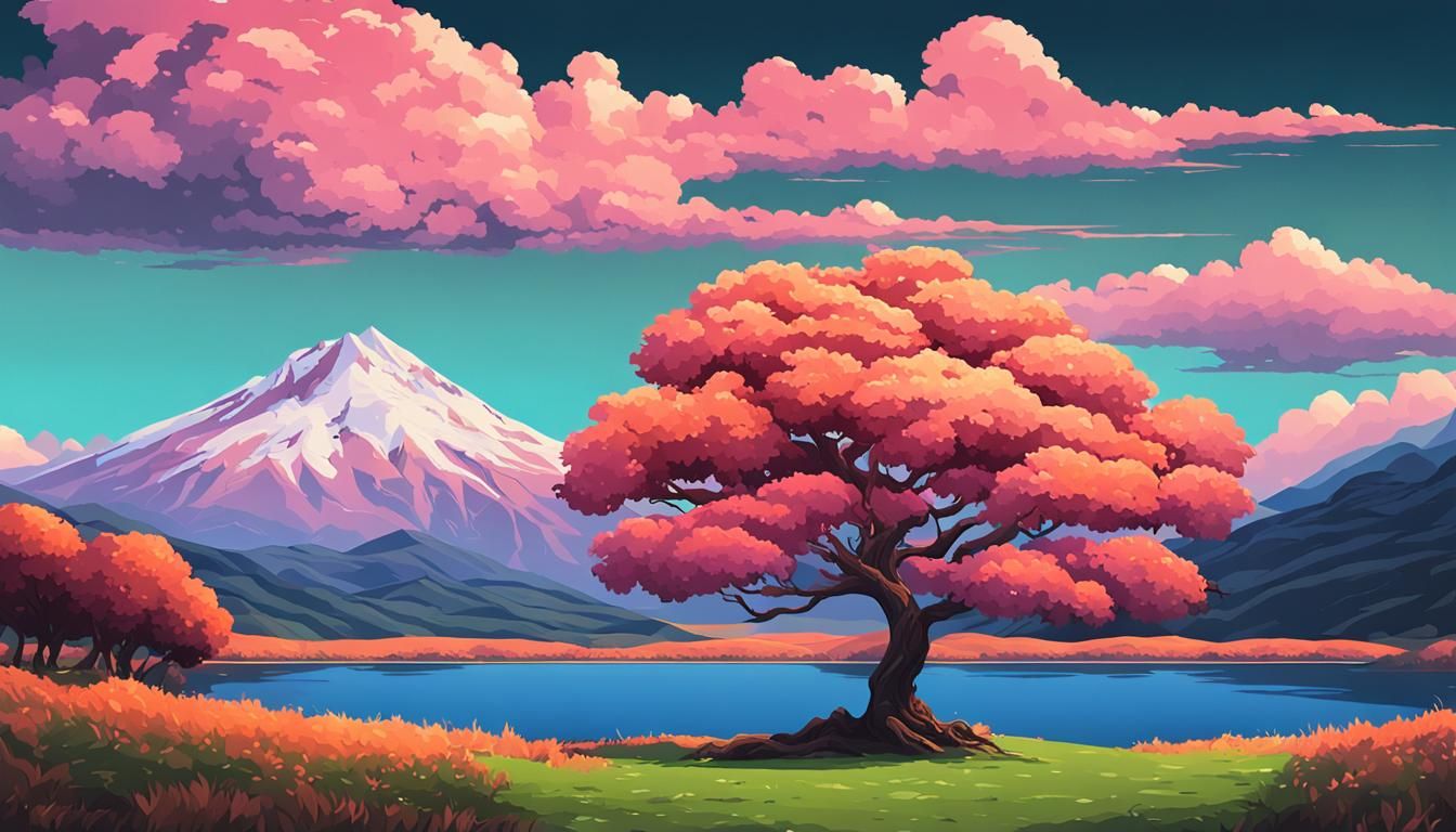 16-bit Landscape with Pink Tree and Lake