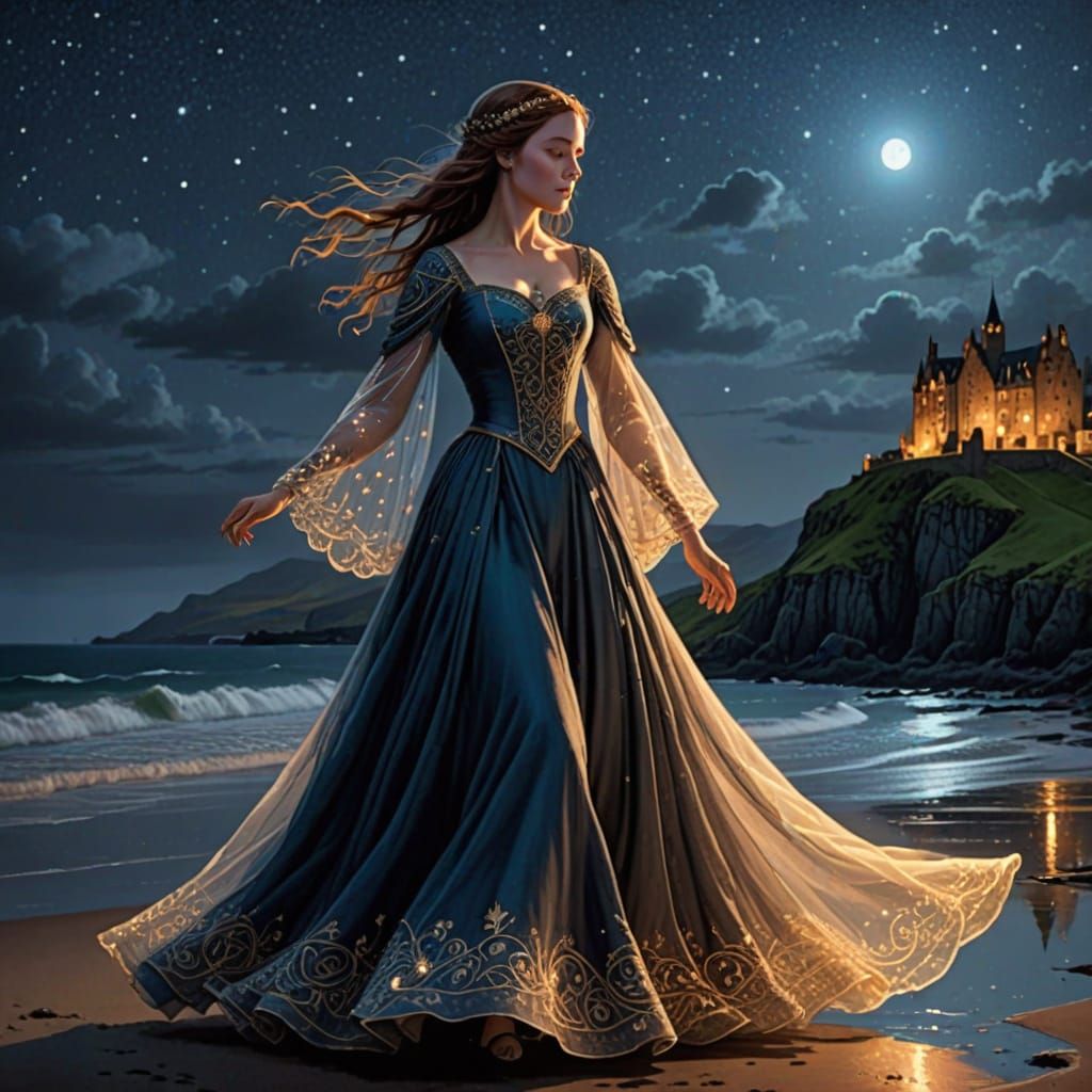 Medieval Woman Dances on Scottish Coastline at Night