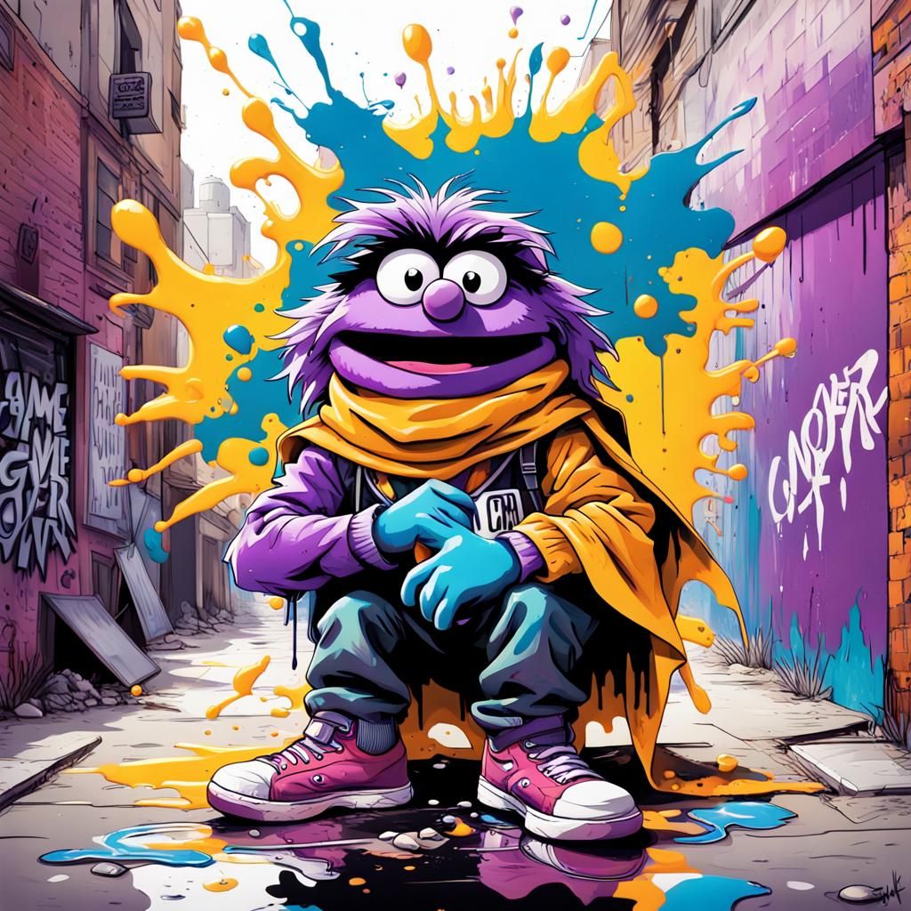 Purple Muppet Tickling Sonic in Dystopian Graffiti