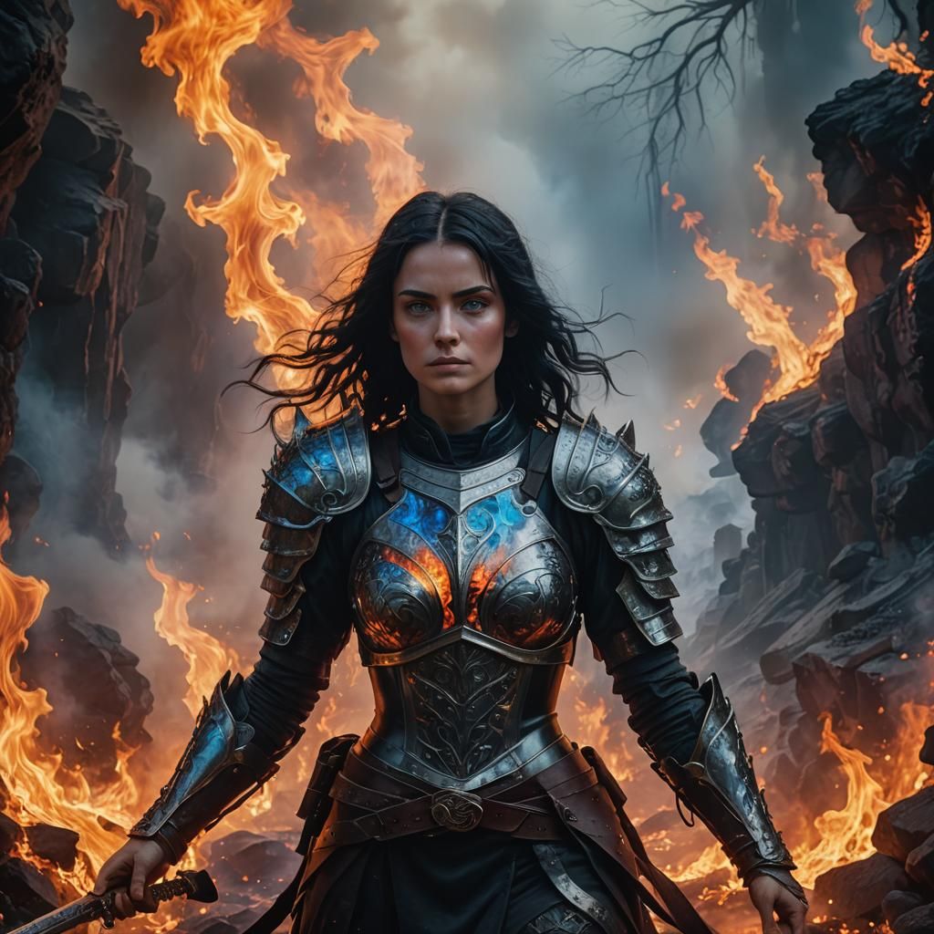 Woman in Flame Armor: Lynette Hanson Fantasy Art