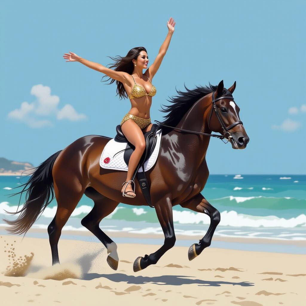 Woman Riding Horse on Beach at Sunset in Hyperrealistic Styl...