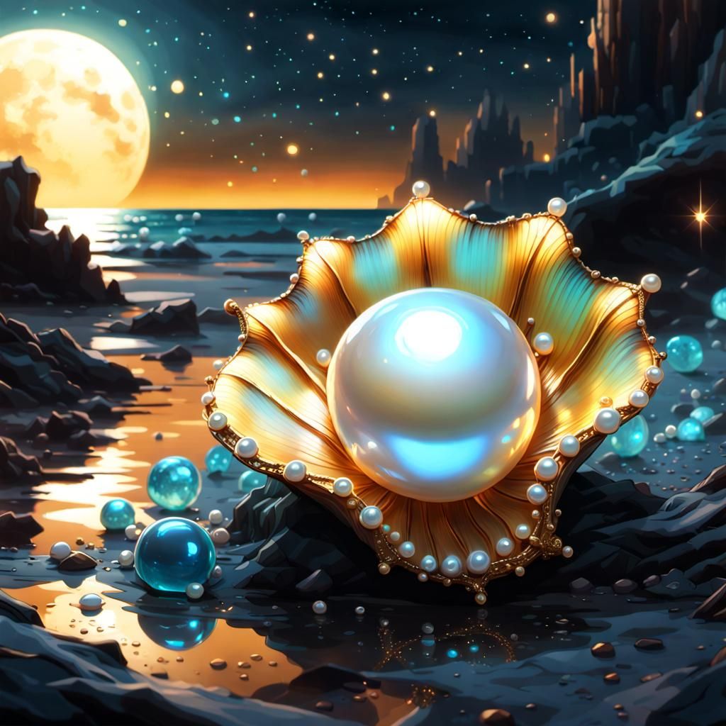 Bioluminescent Pearl Shell Under Moonlight, Digital Art