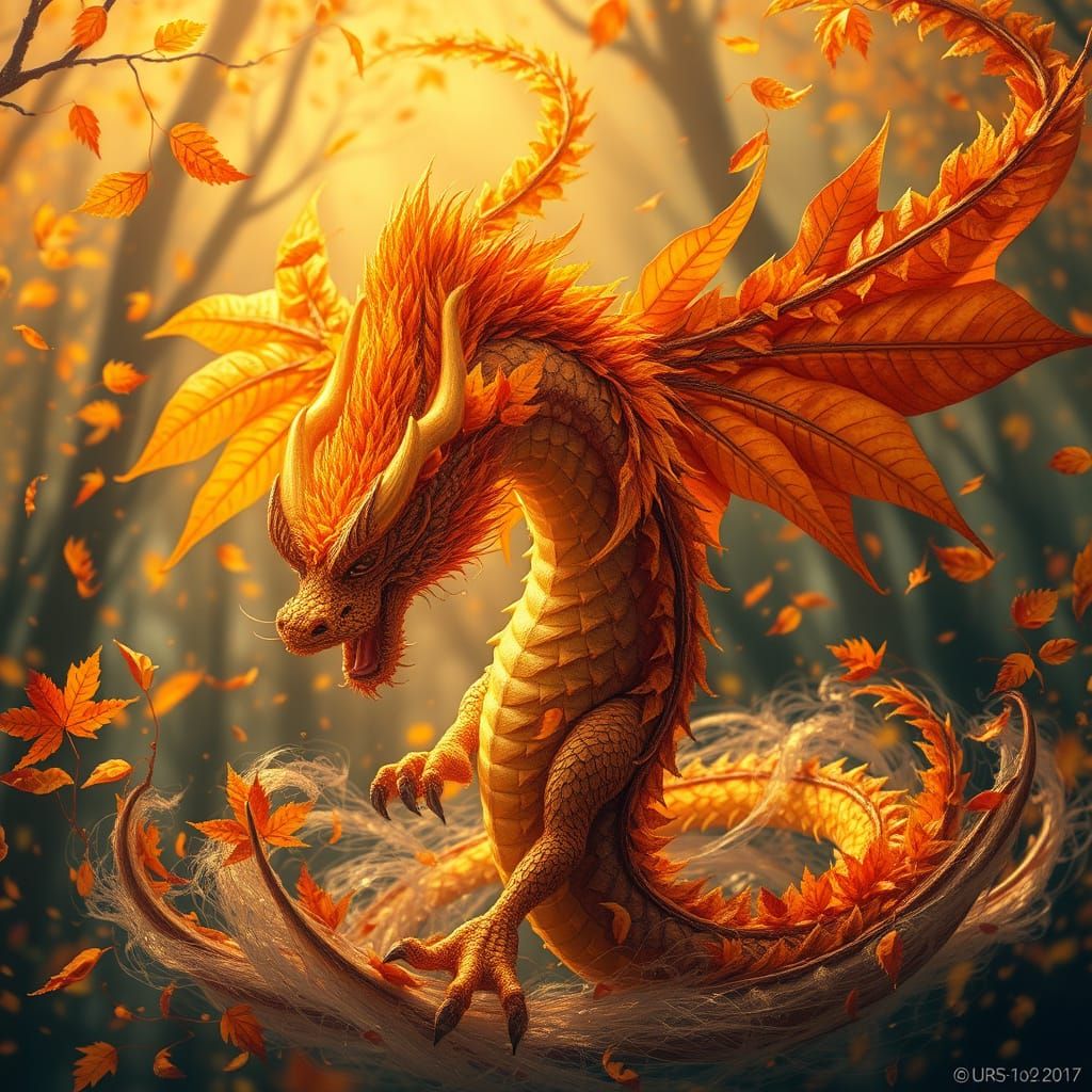 Golden Autumn Dragon Unfurls in Whimsical Storm